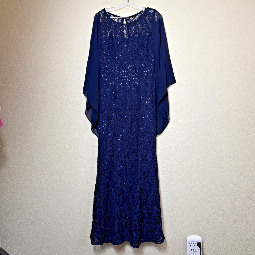 Ignite Evening Gown Women 10 Navy Sequin Lace Capelet Formal Wedding Guest Maxi